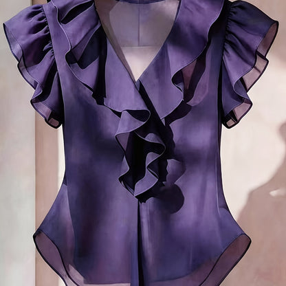Damen Rüschenbluse mit V-Ausschnitt und Volantärmeln – Elegante Chiffonbluse für Büro und besondere Anlässe