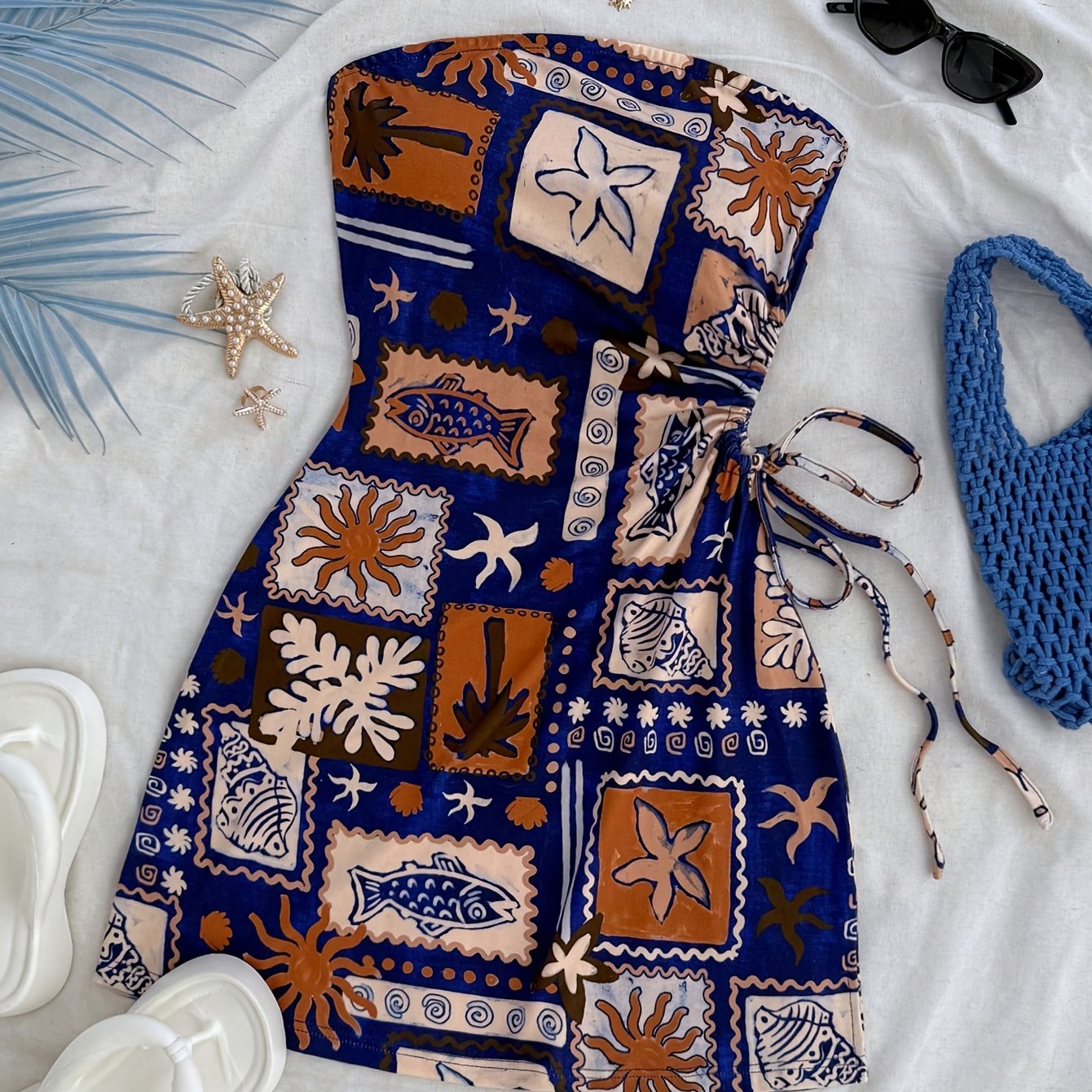 Damen Bandeau Minikleid mit tropischem Strandmuster und seitlicher Schleife – Perfekt für Urlaub & Sommeroutfits