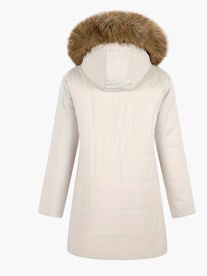Damen Winter Steppmantel mit Kunstfellkapuze und Teddyfutter – Eleganter Alltagsmantel für kalte Tage