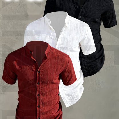 Herren 3er-Pack Stehkragen Hemden – Modischer Freizeit Look, Kurzarm, Knopfleiste