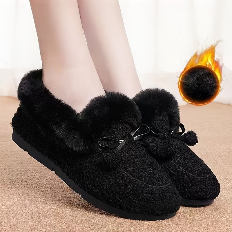 Damen Hausschuhe Plüsch Slipper mit Schleife, Schwarz