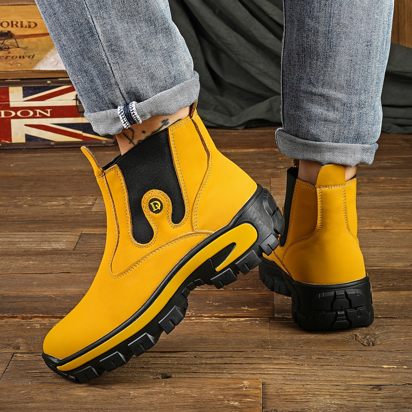 Chelsea Boots Herren Gelb Schwarz mit Profilsohle und Elastikeinsatz