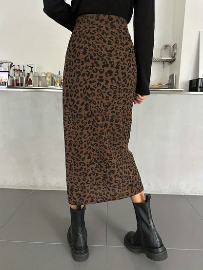 Damen Midi Rock mit Leopardenmuster und Schlitz, Rippstruktur