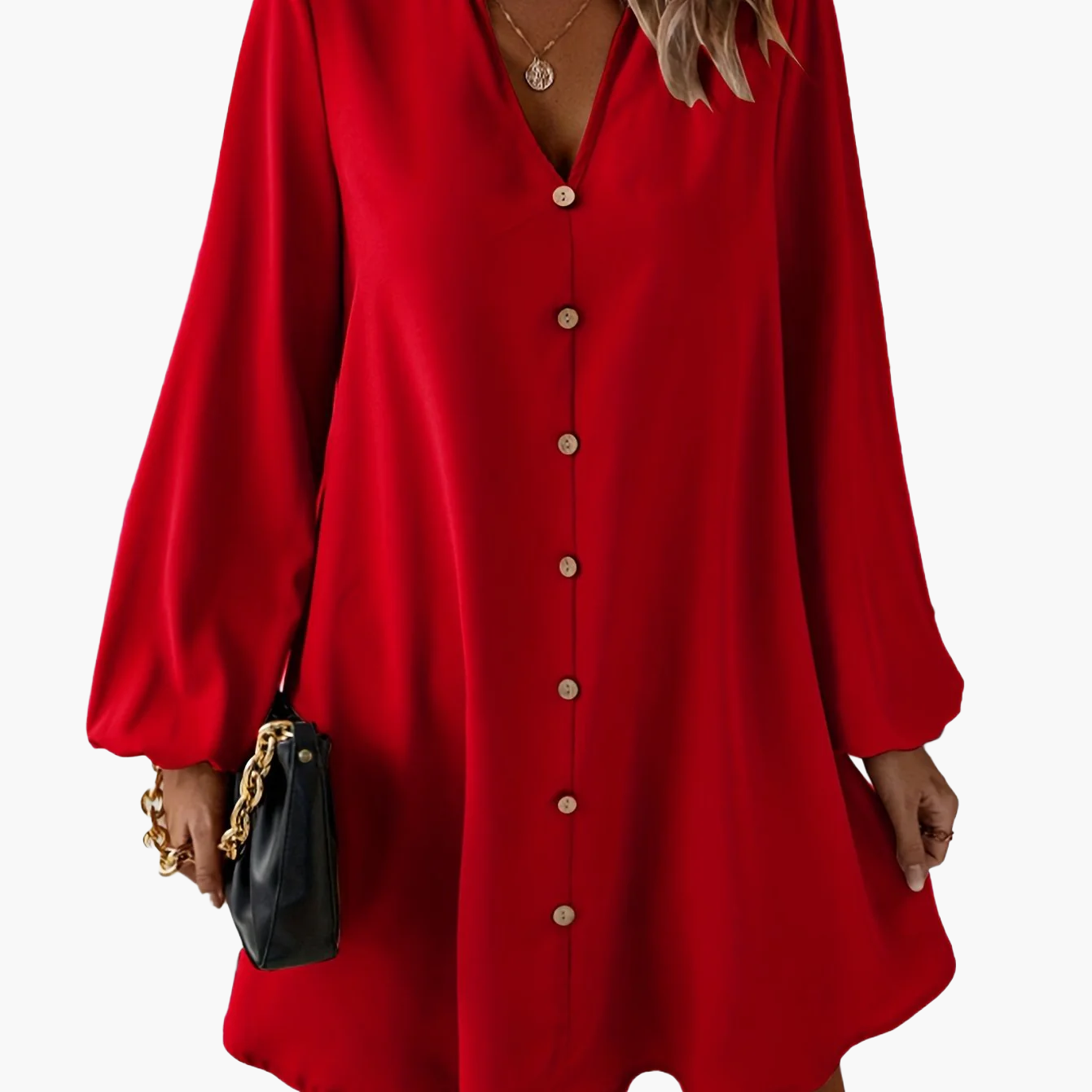 Damen Elegantes Freizeitkleid mit Knopfleiste und V-Ausschnitt – Lässig Modern für Alltag & Büro