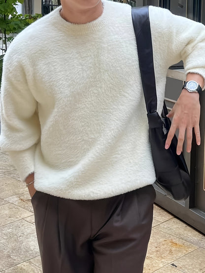 Unisex Langarm Pullover Flauschig Rundhals Weiß Schwarz