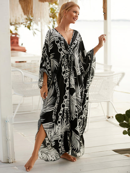 Damen Kaftan Maxi Strandkleid mit Palmenmuster und Kettenprint – Elegantes Cover-up für den Urlaub