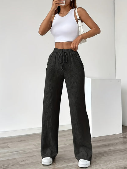 Damen Freizeithose mit weitem Bein und Knopfdetails – Bequeme Lounge- und Streetwear