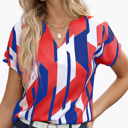 Damen Vintage Bluse mit geometrischem Muster, V-Ausschnitt, ideal für Büro und Freizeit