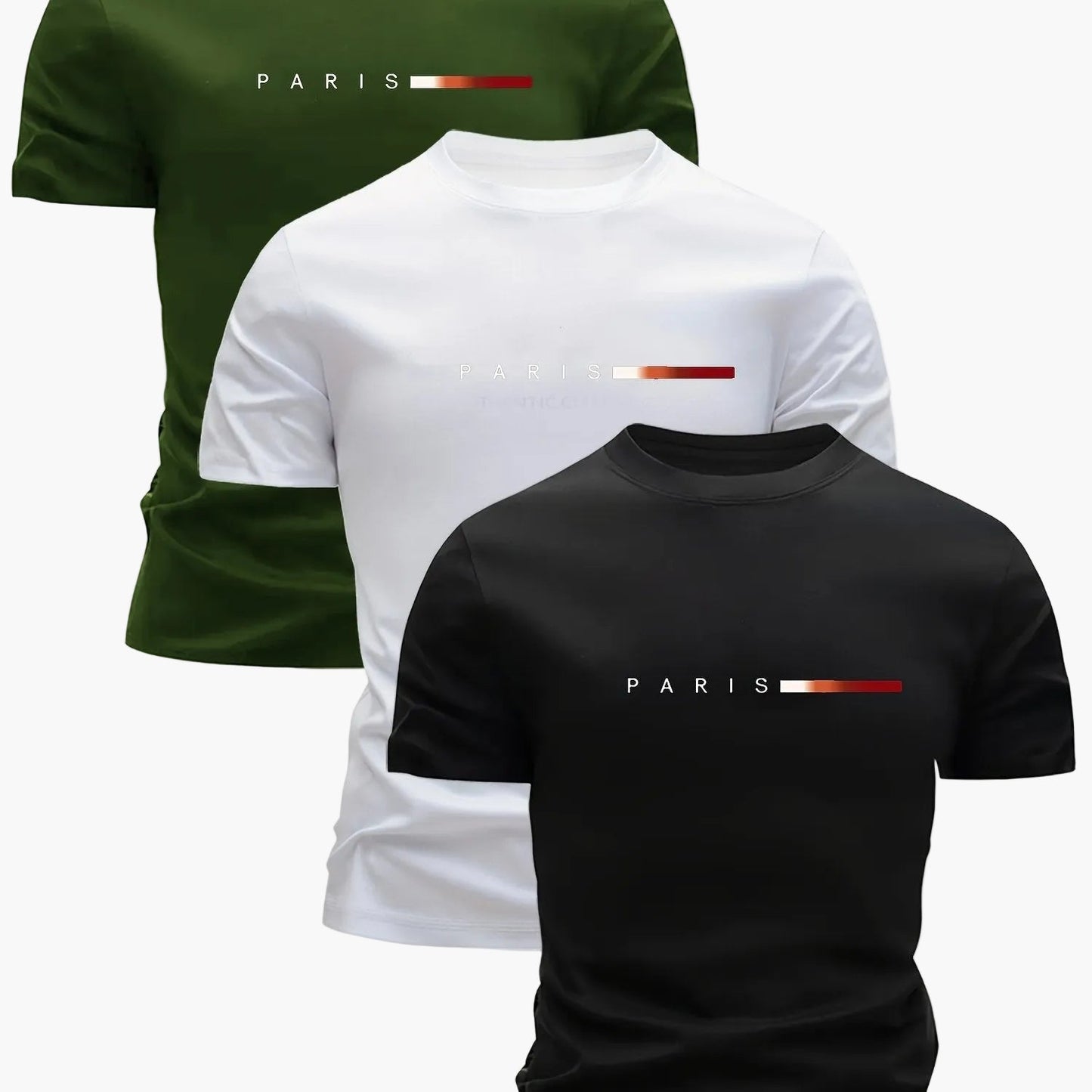 Herren T-Shirt 3er Set – Modernes Paris Print Design, Rundhals, Alltag & Freizeit