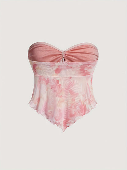 Damen Bandeau-Top mit Schleifen-Detail und abstraktem Muster – Modisches Party- und Ausgeh-Oberteil