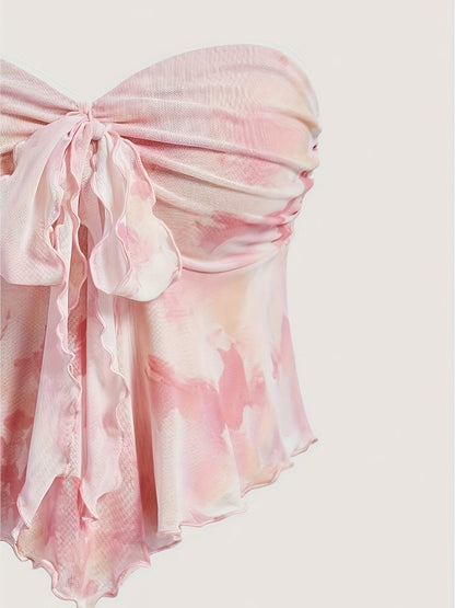 Damen Bandeau-Top mit Schleifen-Detail und abstraktem Muster – Modisches Party- und Ausgeh-Oberteil
