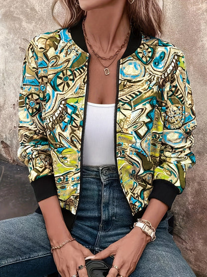 Damen Bomberjacke mit abstraktem Muster – Modischer Freizeit-Look für Alltag und Urlaub