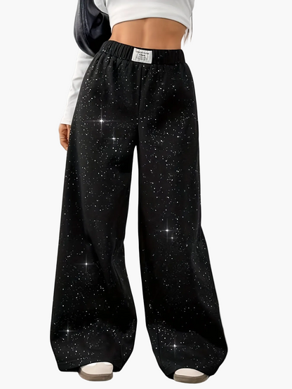 Damen Weite High-Waist Freizeit-Hose mit Galaxie-Print – Trendige Loungepants für Alltag & Streetwear