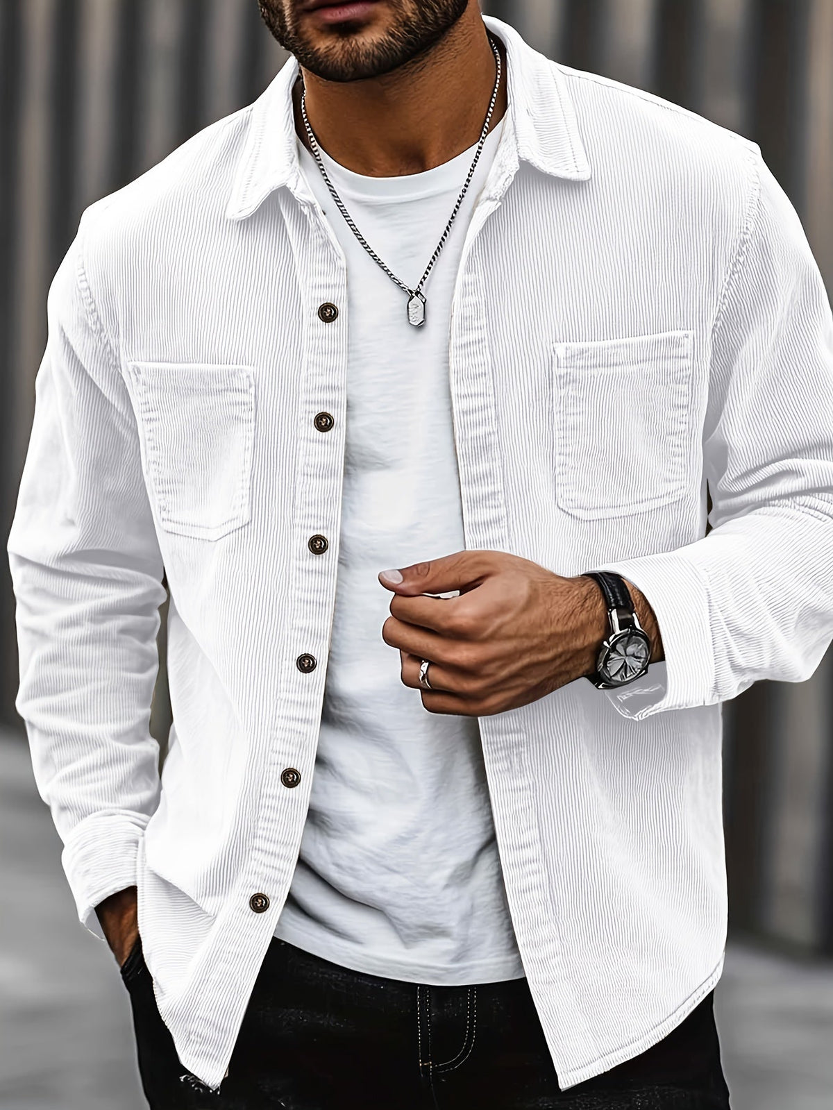 Herren Cordhemd Overshirt mit zwei Brusttaschen Langarm Freizeithemd