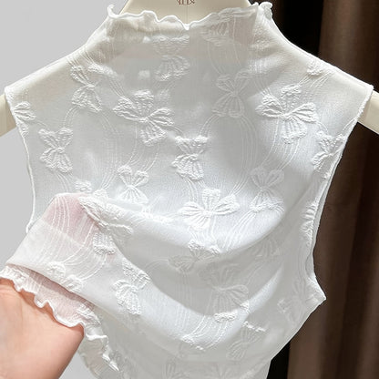 Damen Spitzen-Top mit Stehkragen und floraler Stickerei – Elegantes, ärmelloses Layering-Shirt