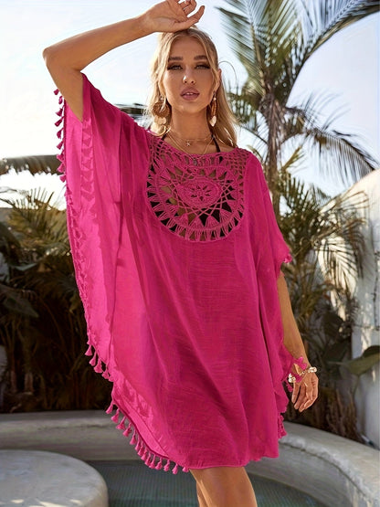Damen Boho Strand Tunika Häkel-Überwurf mit Fransen – Lässiges Bade-Outfit