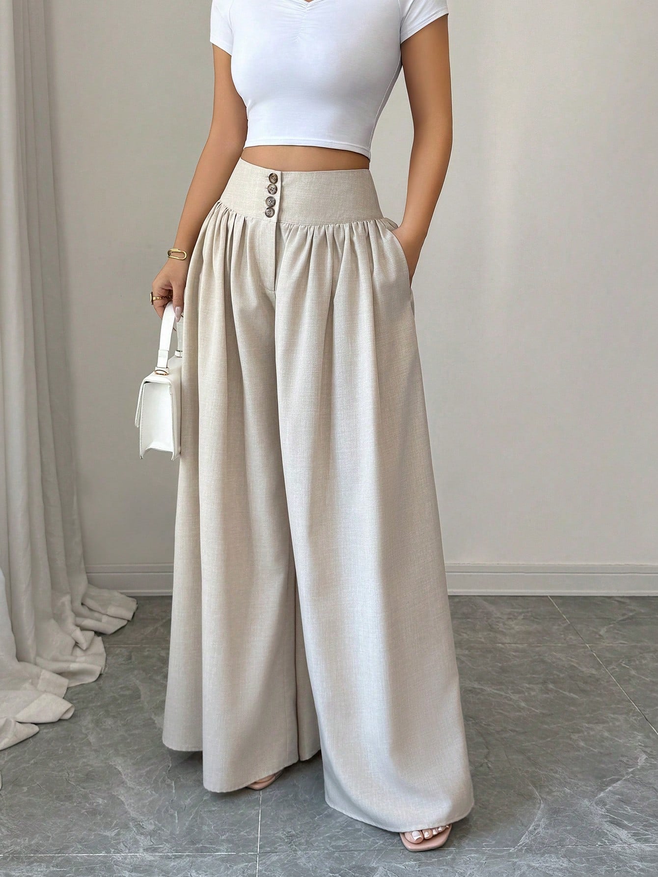 Damen Weite High Waist Palazzo Hose mit Knopfleiste – Eleganter Alltags- & Ausgeh-Look