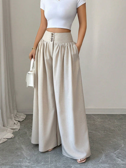 Damen Weite High Waist Palazzo Hose mit Knopfleiste – Eleganter Alltags- & Ausgeh-Look