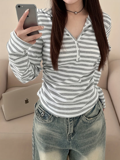 Damen Langarmshirt gestreift mit V-Ausschnitt und Knopfleiste