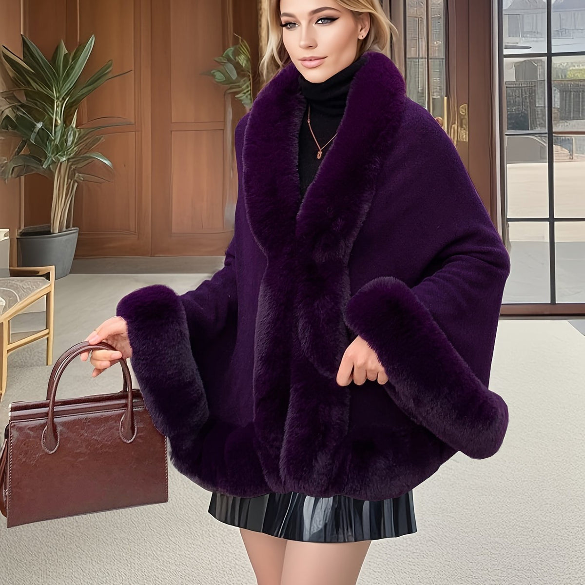 Damen Cape mit Kunstpelzbesatz – Weit Geschnitten