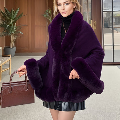 Damen Cape mit Kunstpelzbesatz – Weit Geschnitten
