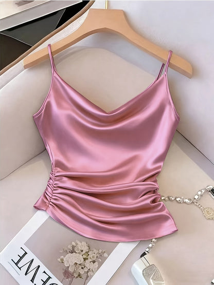 Damen Satin-Camisole mit Wasserfallausschnitt und Raffungen – Elegantes Oberteil für Abend und Party
