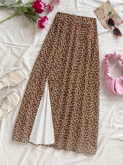 Damen Midirock mit Blumenmuster und Schlitz – Eleganter Freizeit- und Alltagsrock