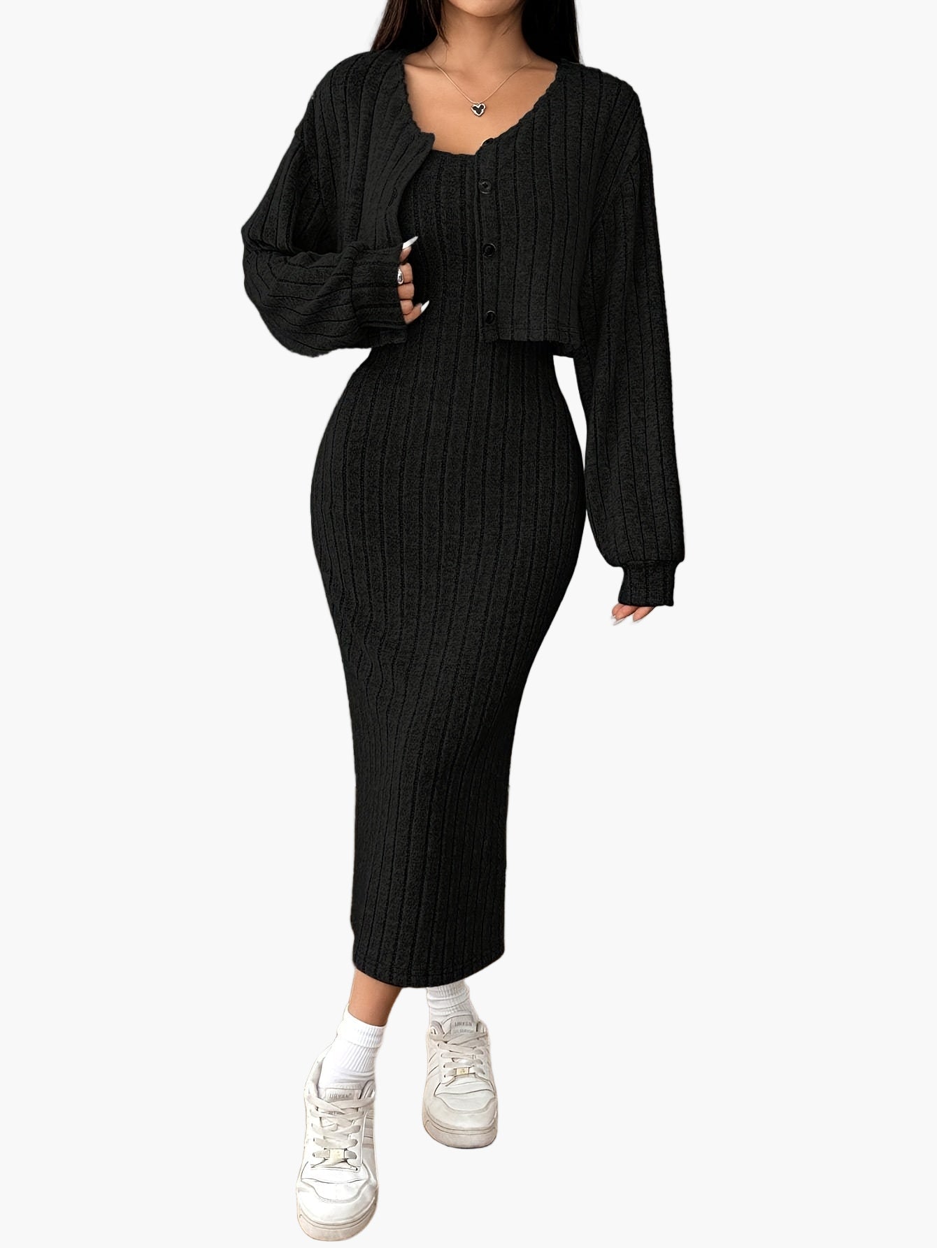Damen Strickkleid Set Elegant Zweiteiler mit Knopfleiste – Modisch & Vielseitig für Alltag und Freizeit