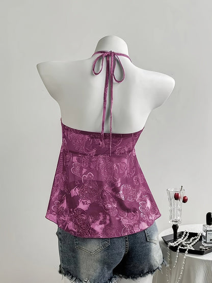 Damen Neckholder-Top im Boho-Stil mit Rüschen und Herzmuster – Modisches Sommer-Peplum für Freizeit und Ausgehen