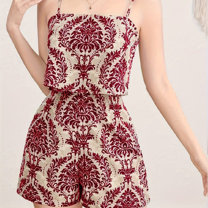 Damen Jumpsuit mit Spaghettiträgern und elegantem Ornament-Muster – Modischer Einteiler für Freizeit und Ausgehen