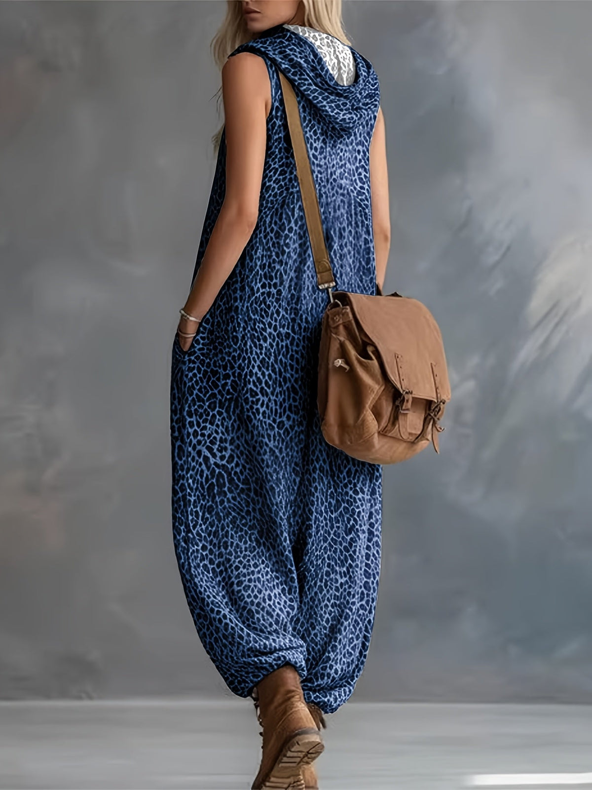 Damen Jumpsuit ärmellos mit Leopardenmuster Kapuze Reißverschluss und Taschen