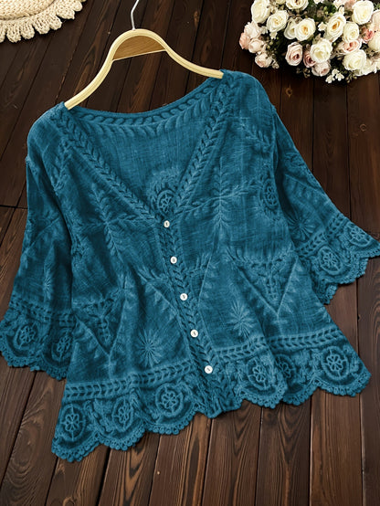 Damen Bluse mit Stickerei und V-Ausschnitt, 3/4-Ärmel, Knopfleiste