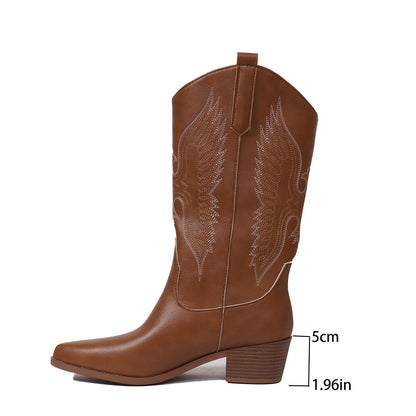 Cowboystiefel Damen mit Stickerei, mittelhoher Schaft, Blockabsatz