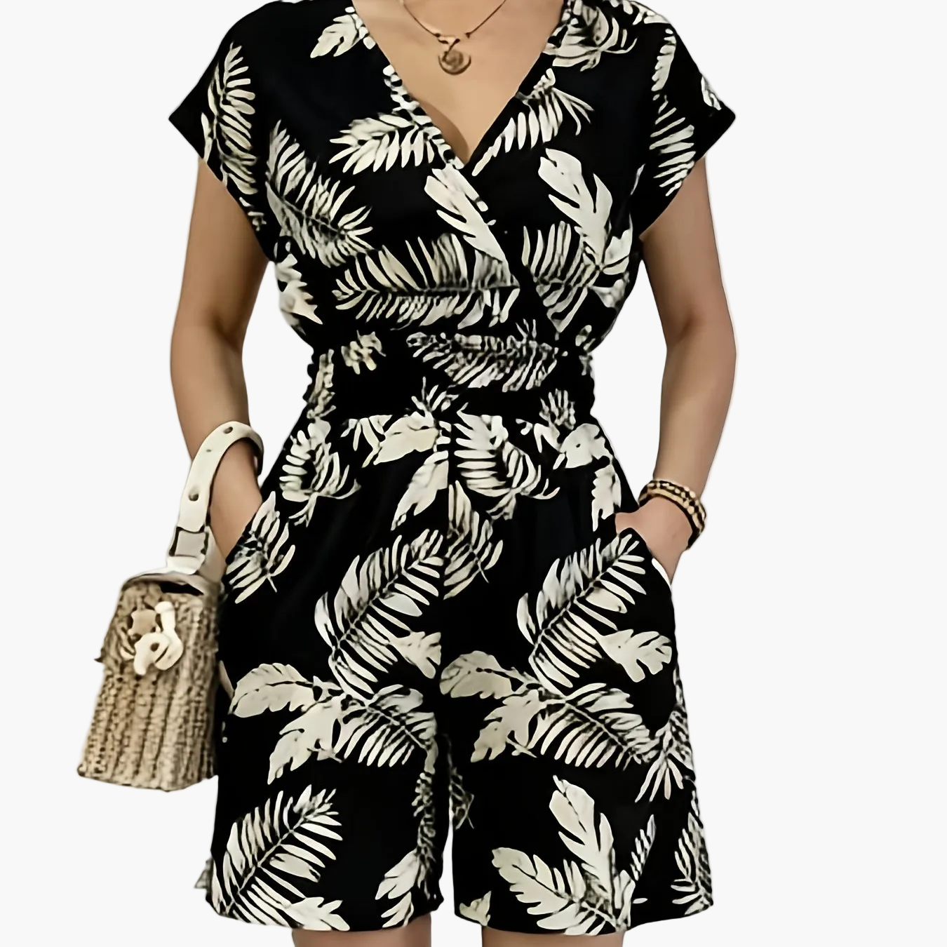 Damen Jumpsuit mit V-Ausschnitt und tropischem Print – Modischer Einteiler für Freizeit & Urlaub