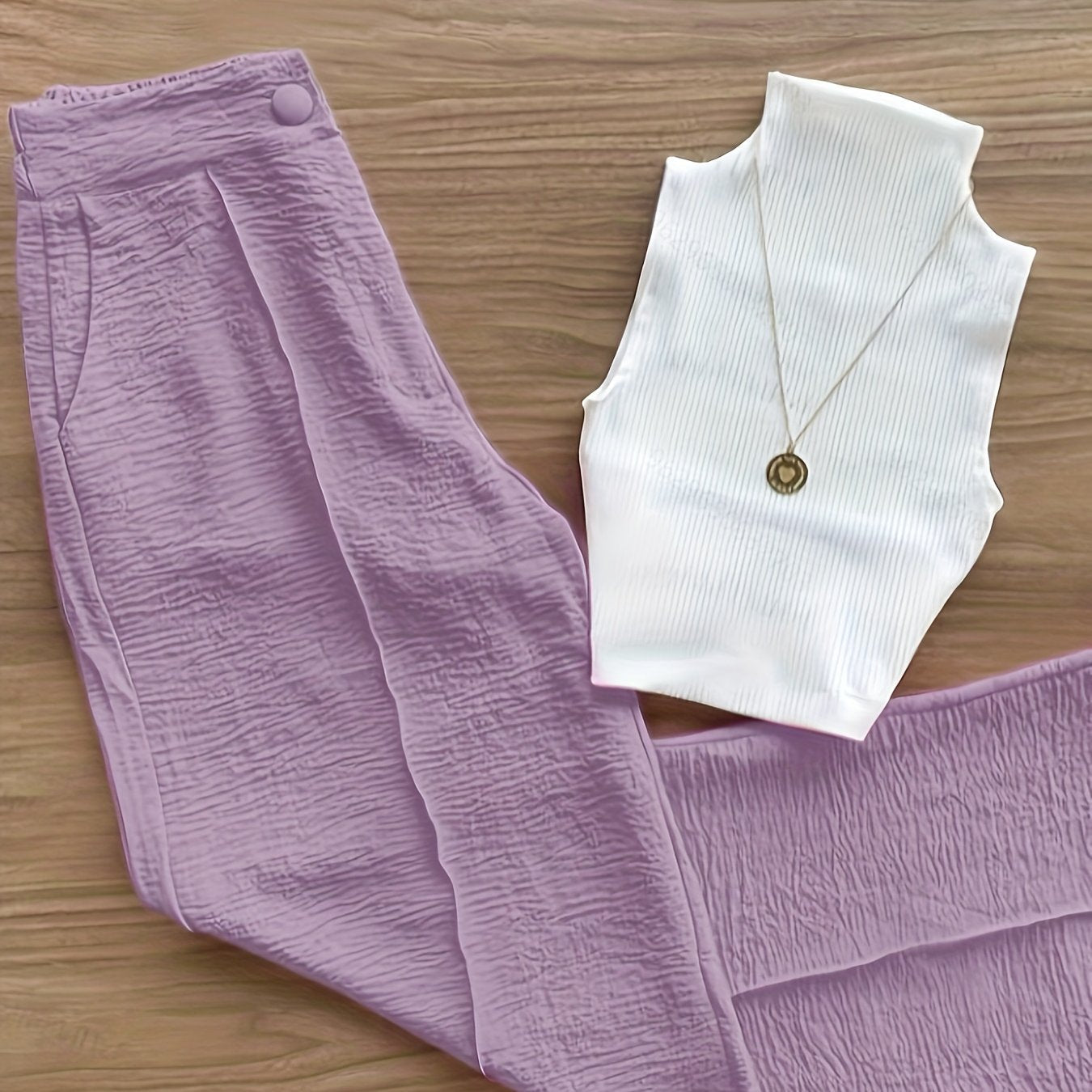 Damen Elegantes Set – Ärmelloses Oberteil mit Stehkragen und Weite Hose, Perfekt für Büro & Freizeit