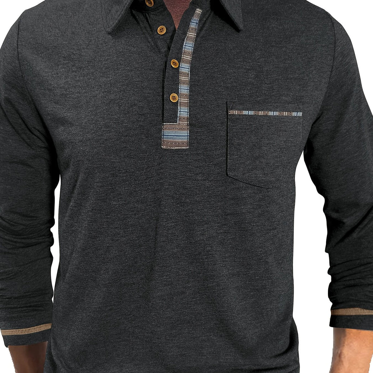 Herren Langarm Polo-Shirt mit Kragen, Knopfleiste und Brusttasche