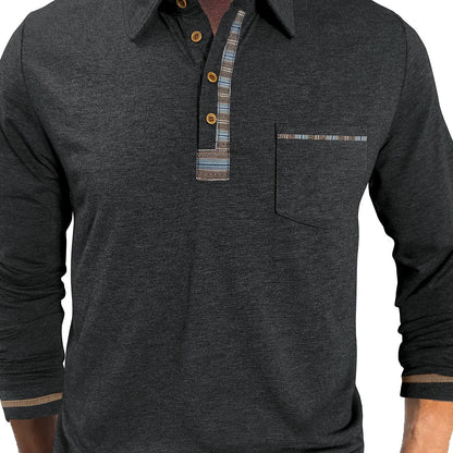 Herren Langarm Polo-Shirt mit Kragen, Knopfleiste und Brusttasche