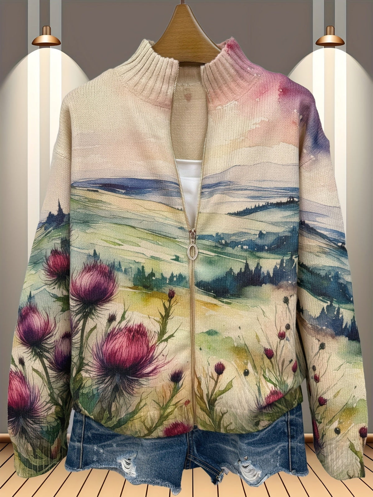 Damen Jacke mit Reißverschluss, Stehkragen und Distel-Landschaftsmuster