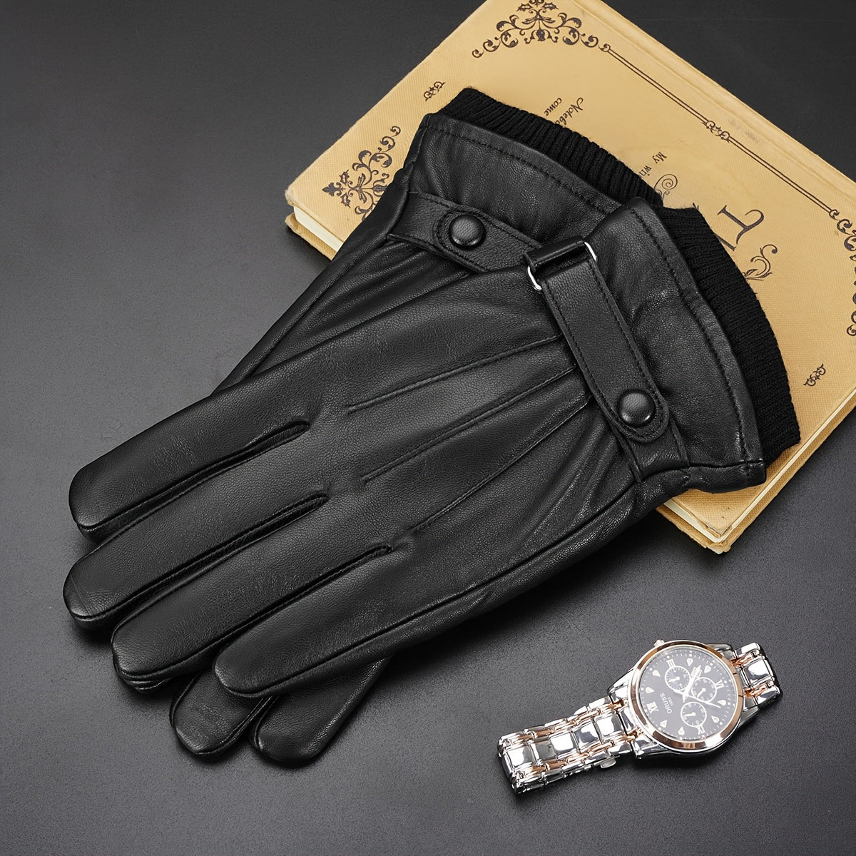 Unisex Handschuhe Schwarz mit Riegelverschluss & Strickbund