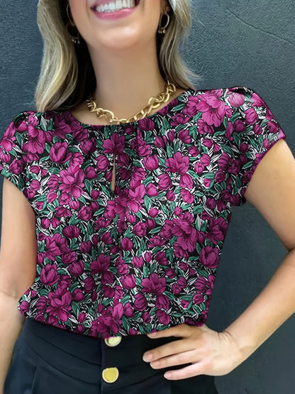 Damen Bluse mit Blumenmuster und Raffungen – Kurzarm, elegant, vielseitig für Büro & Freizeit