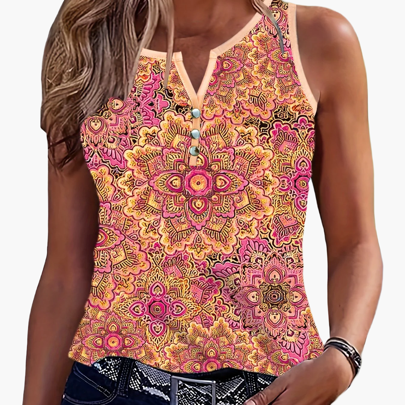 Damen Sommer Tanktop mit Ethno-Muster und Knopfleiste – Lässiges Freizeitshirt