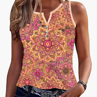 Damen Sommer Tanktop mit Ethno-Muster und Knopfleiste – Lässiges Freizeitshirt