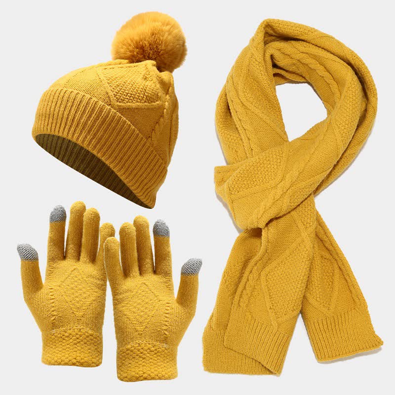 Strickmütze Schal Handschuhe Set mit Bommel und Touchscreen-Funktion