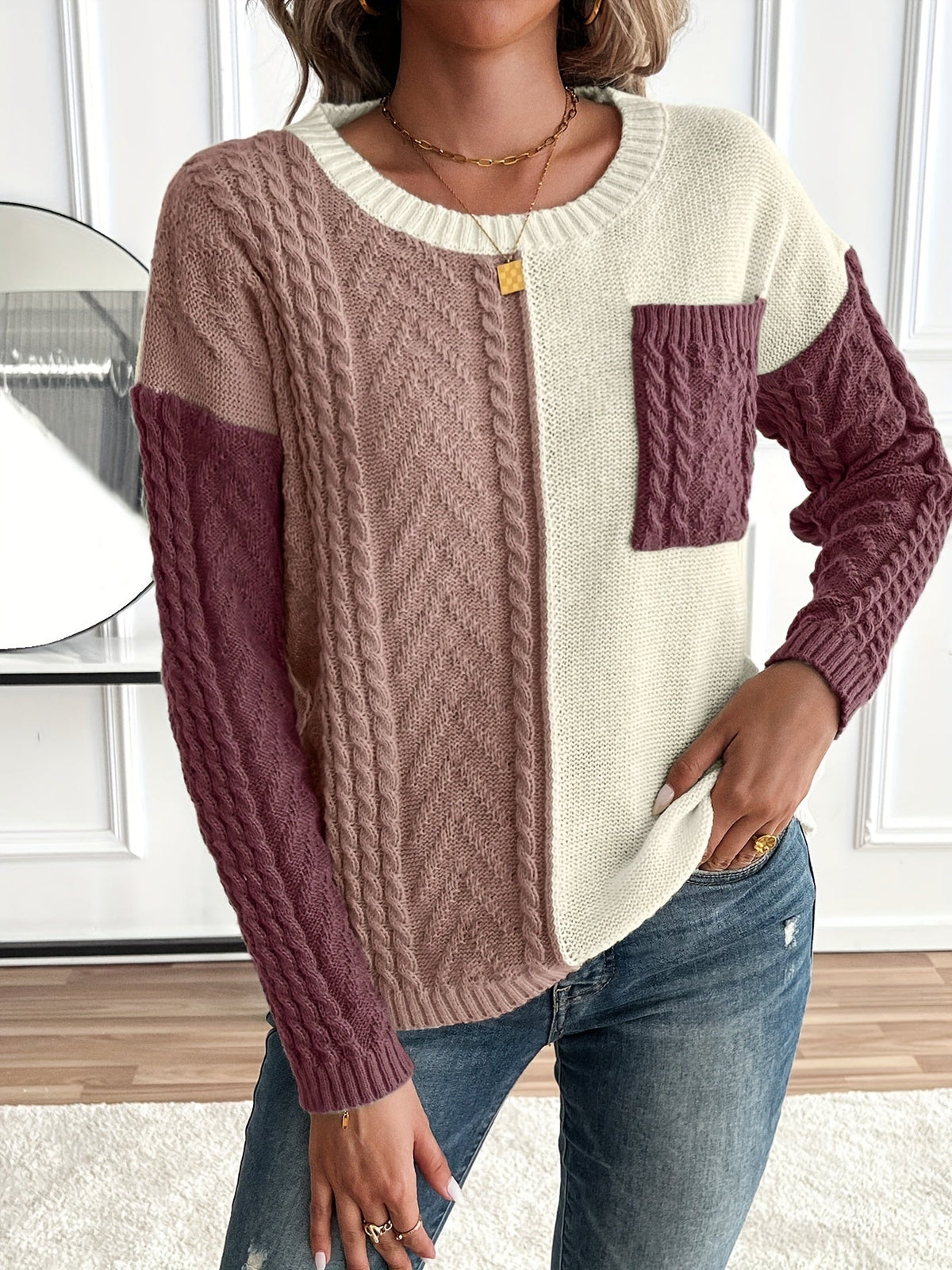 Damen Patchwork Strickpullover mit Rundhalsausschnitt und Zopfmuster