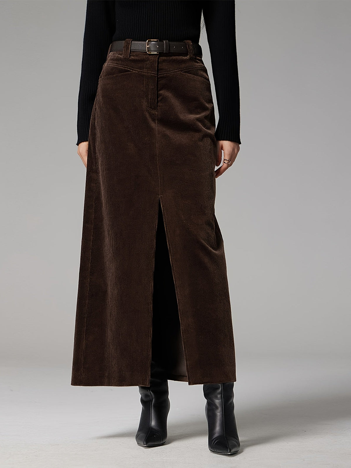 Damen Maxirock Cordoptik Dunkelbraun mit Schlitz