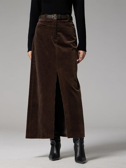 Damen Maxirock Cordoptik Dunkelbraun mit Schlitz