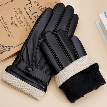 Unisex Winterhandschuhe Schwarz mit Strickbündchen, Thermofutter & Riemen-Detail