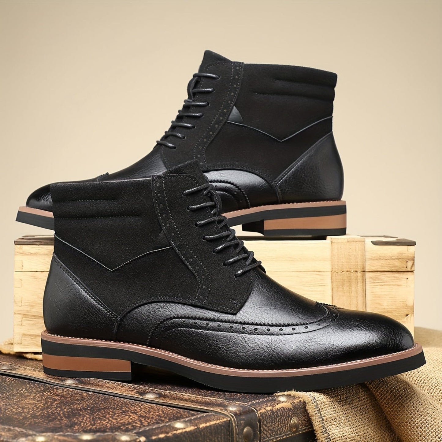 Herren Brogue Stiefel mit Schnürung, Ankle-High, Zweifarbiger Look