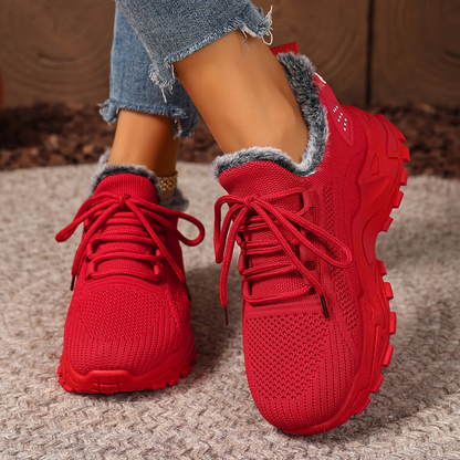 Damen Sneaker Rot mit Schnürung & Plüschfutter | Winter Sport Freizeit Schuhe