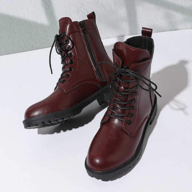 Damen Schnürstiefeletten Burgund mit Reißverschluss und Profilsohle